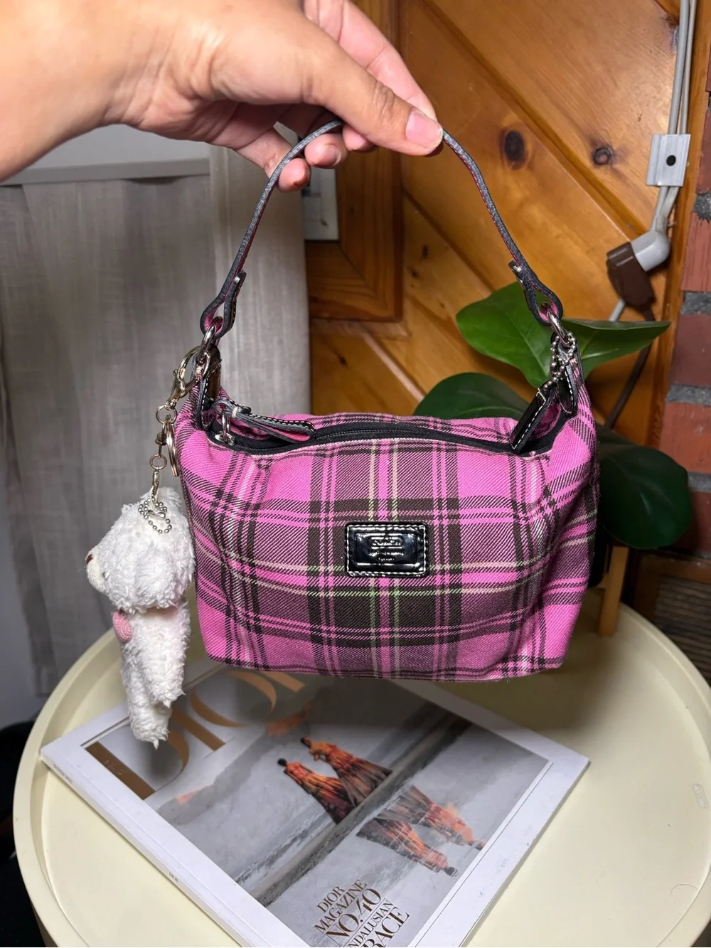 Coach Pink Plaid Mini Shoulder Bag with Teddy Charm